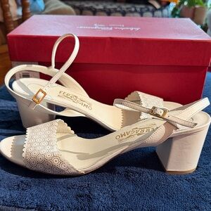 Salvatore Ferragamo Cream Block Heel Sandals, Size 10